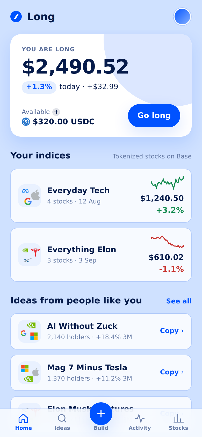 Long home screen: a portfolio valued at $2,490.52 with your indices and ideas from other people to copy.